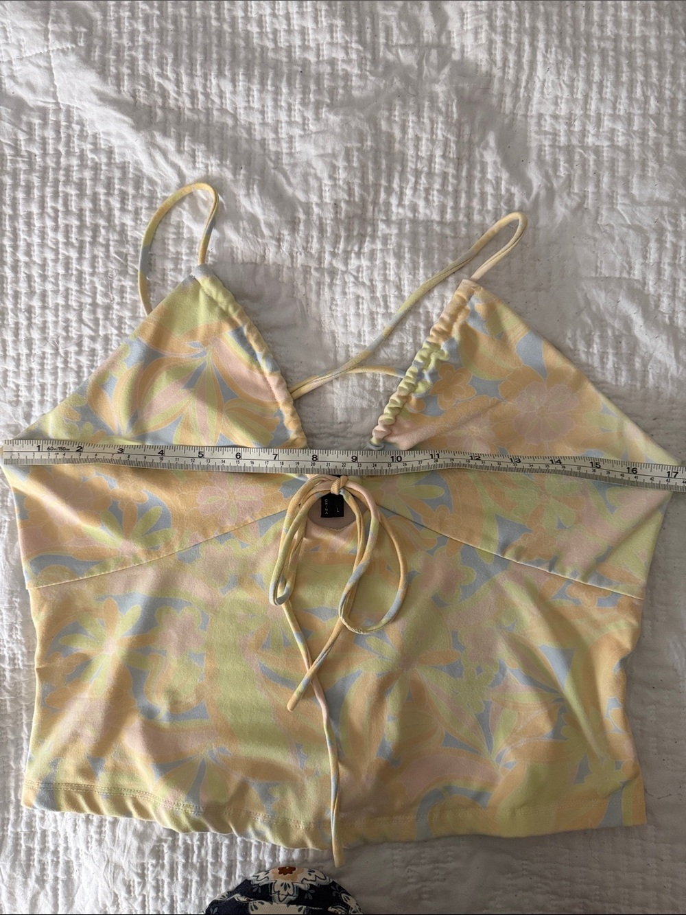 Nicole Miller Pastel Floral Tie-Front Crop Cami in Yellow, Light Blue, Pink - Picture 4 of 4